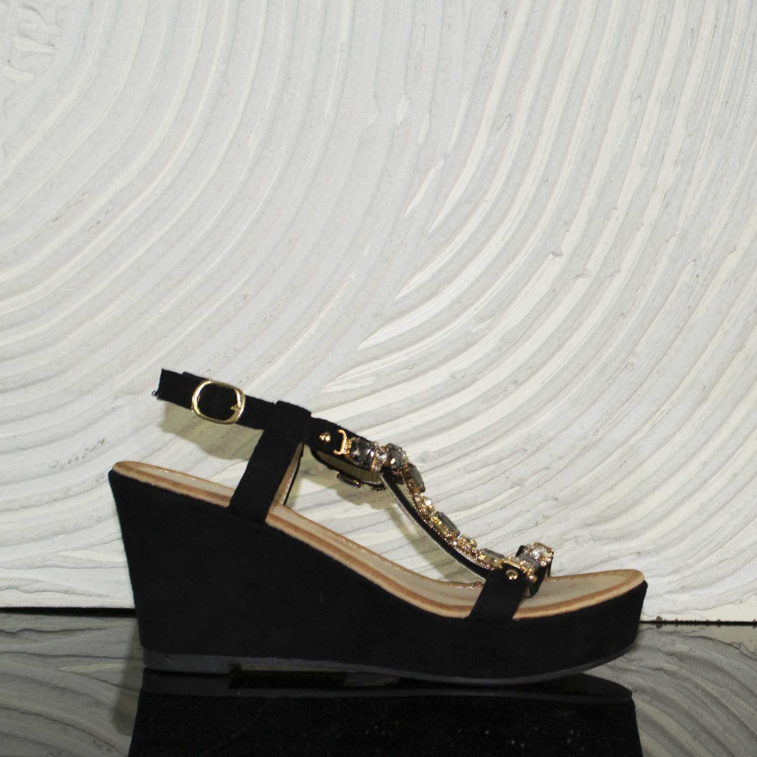 sandali gioiello zeppe donna girl leggere nero camoscio interno cuoio comfort