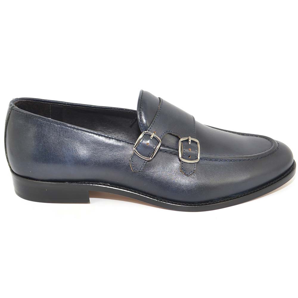 Scarpe uomo con fibbia doppia blu sottile derby vintage in vera pelle crust slip on business linea dandy.