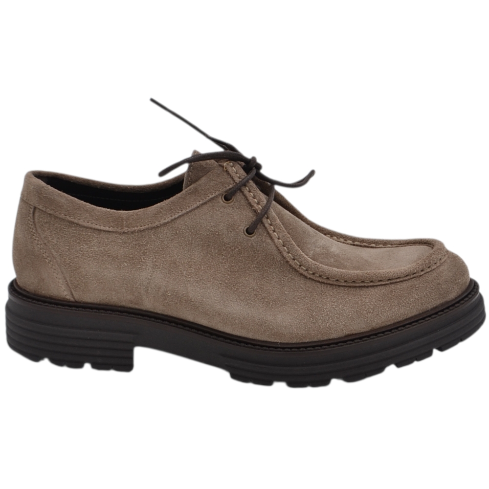 Scarpe uomo stringate ingegniere vera pelle camoscio taupe spazzolato suola alta zigrinata made in italy.