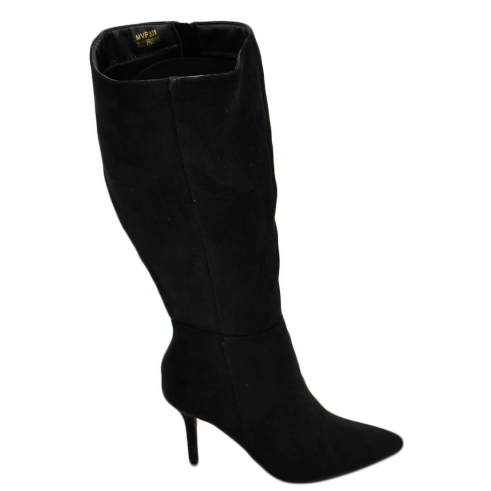 Stivale alto donna nero in ecopelle scamosciato morbido al polpaccio tacco a spillo 8cm con zip e punta moda.