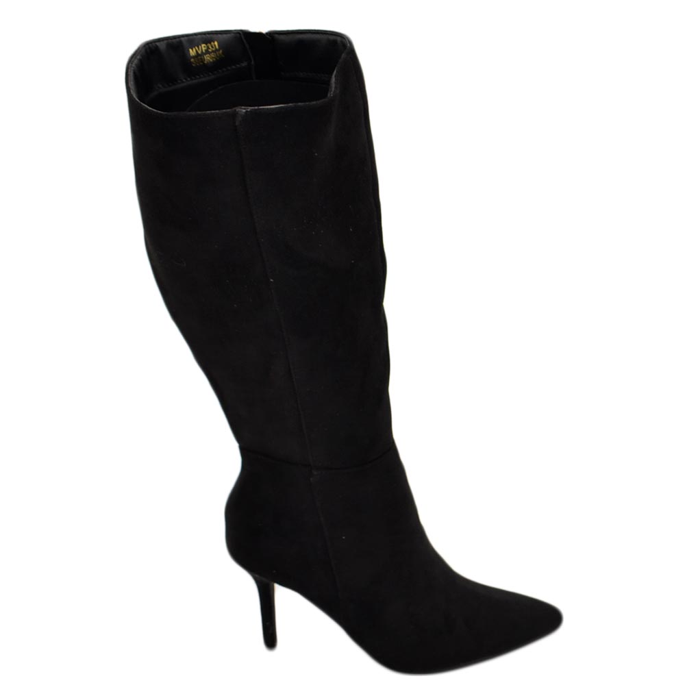 Stivale alto donna nero in ecopelle scamosciato morbido al polpaccio tacco a spillo 8cm con zip e punta moda