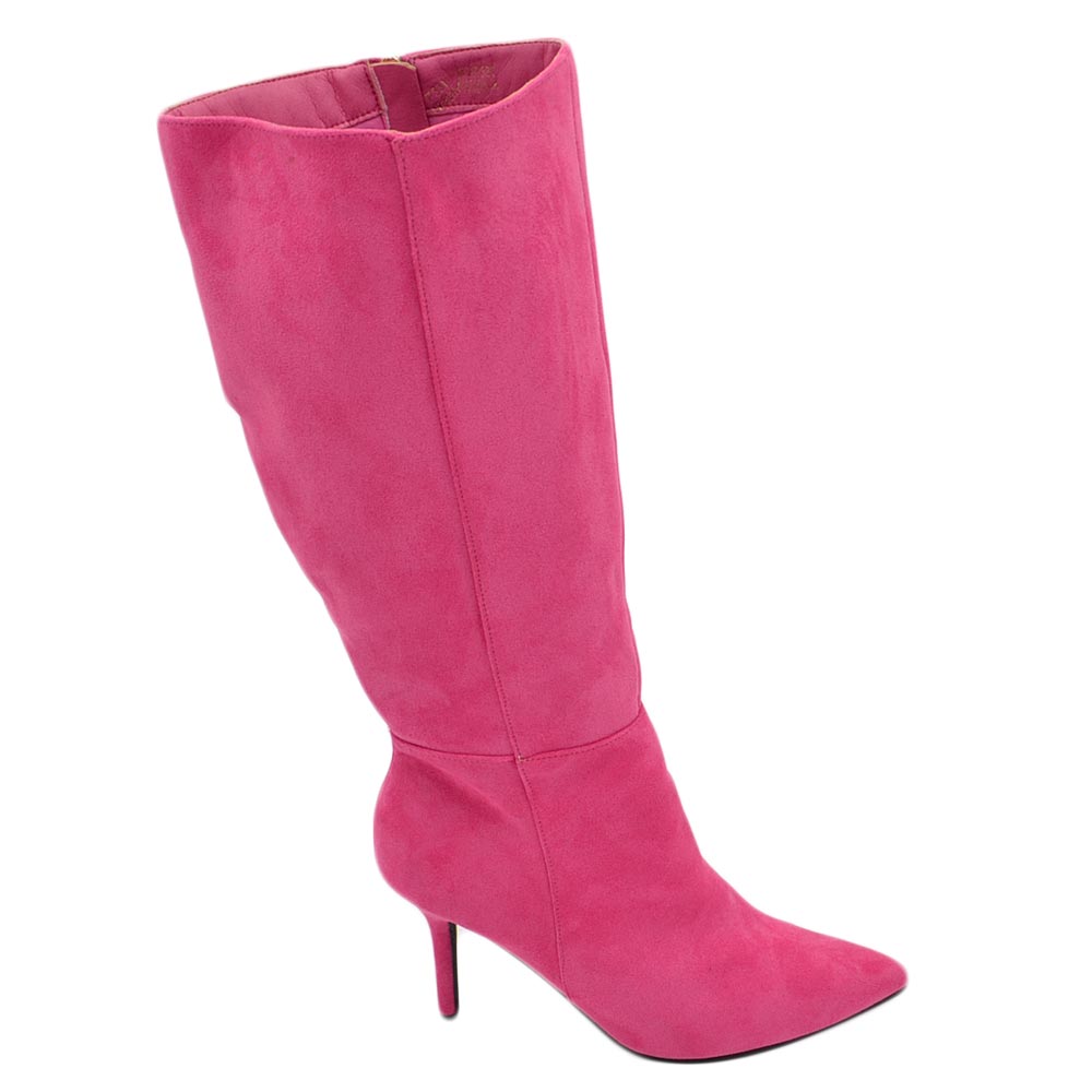 Stivale alto donna fucsia in ecopelle scamosciato morbido al polpaccio tacco a spillo 8cm con zip e punta moda