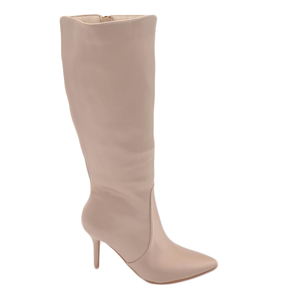 Stivale alto beige donna in lycra effetto calzino con tacco a spillo 12 aderente con zip a punta moda cerimonia.