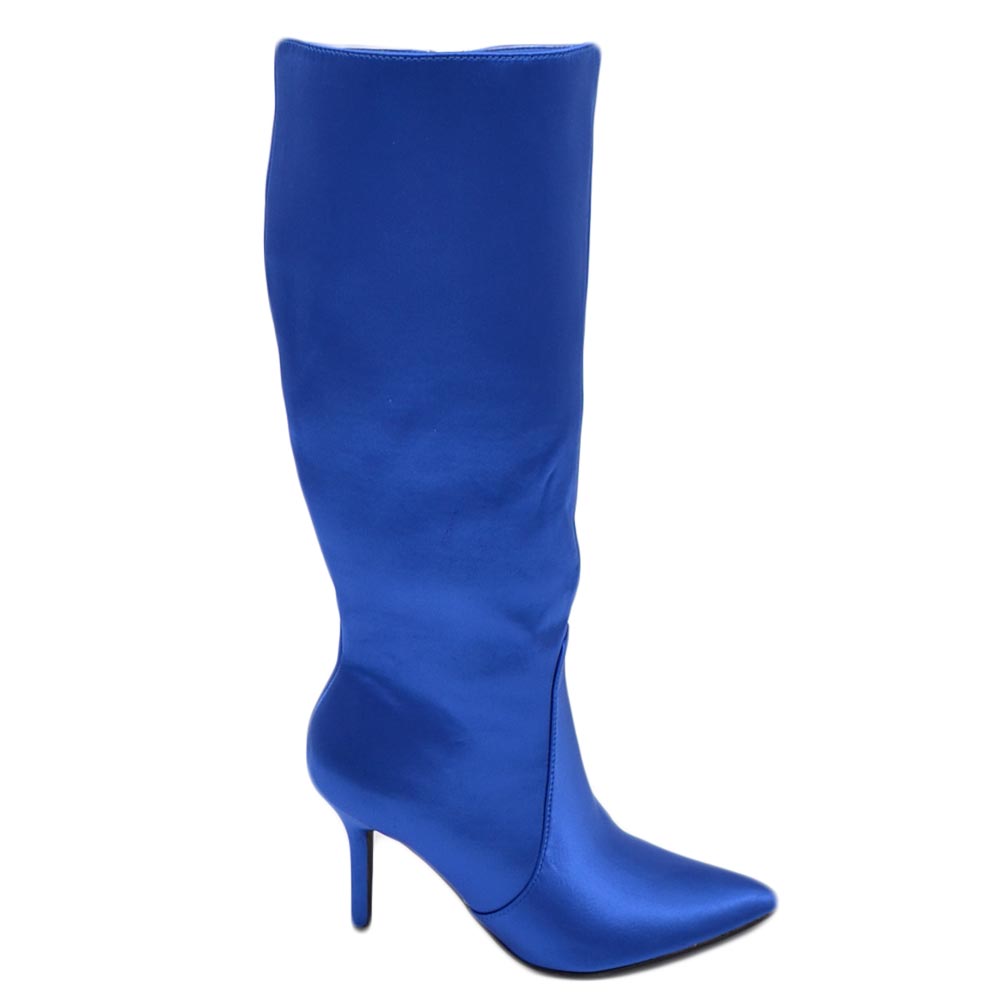Stivale alto blu donna in lycra effetto calzino con tacco a spillo 12 aderente con zip a punta moda cerimonia