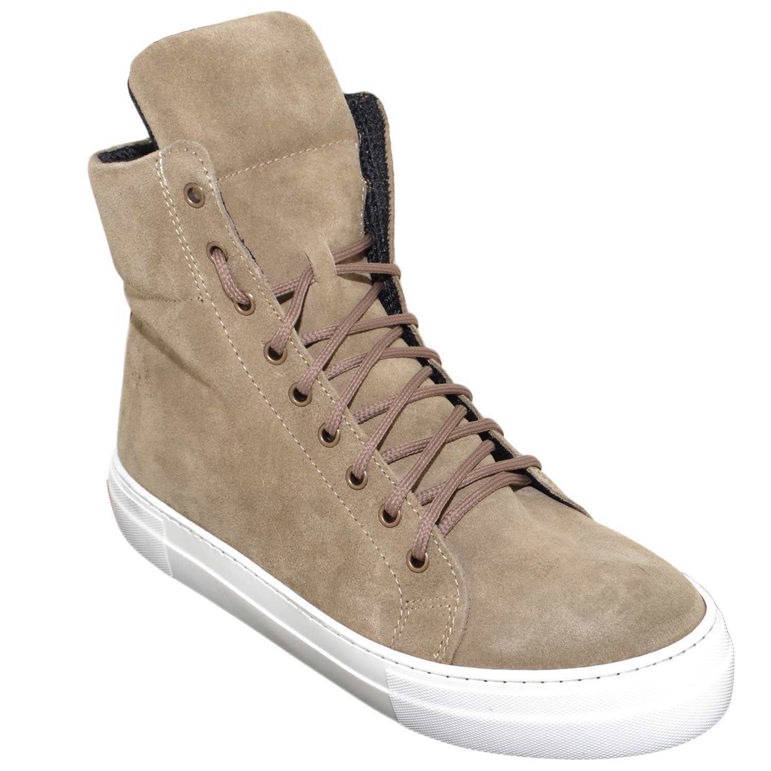 Sneakers alta uomo art.088 beige in camoscio fondo bianco alto made in italy