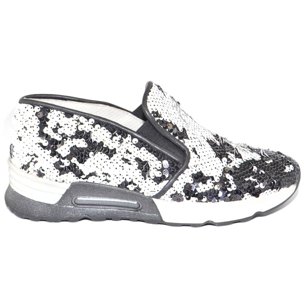 Sneaker slip on mocassino donna pailettes nero bianco in vera pelle made in italy risvoltabili fondo running glamour.
