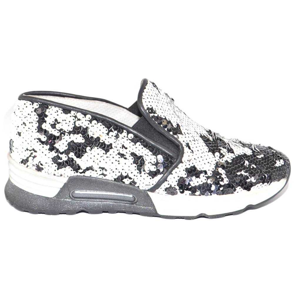 Sneaker slip on mocassino donna pailettes nero bianco in vera pelle made in italy risvoltabili fondo running glamour
