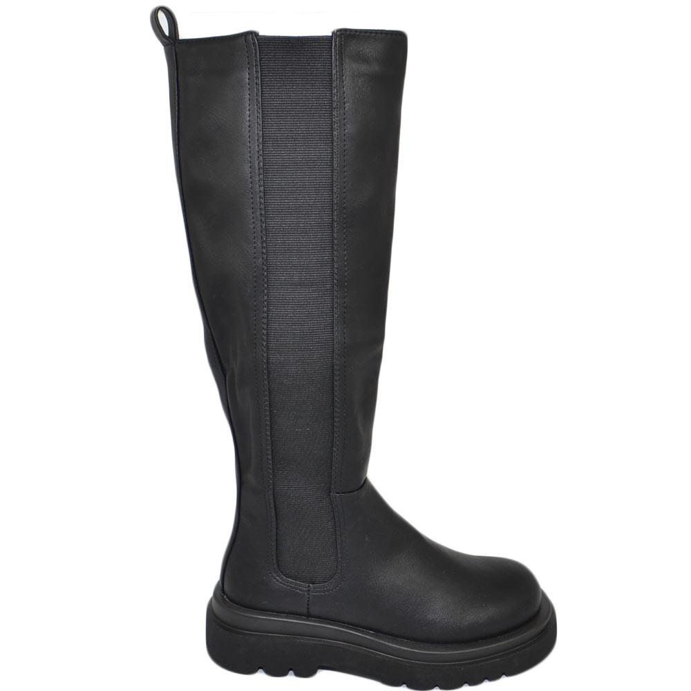 Stivale donna aderente nero beatles al ginocchio elastico fondo alto platform zig modello combat con zip moda.