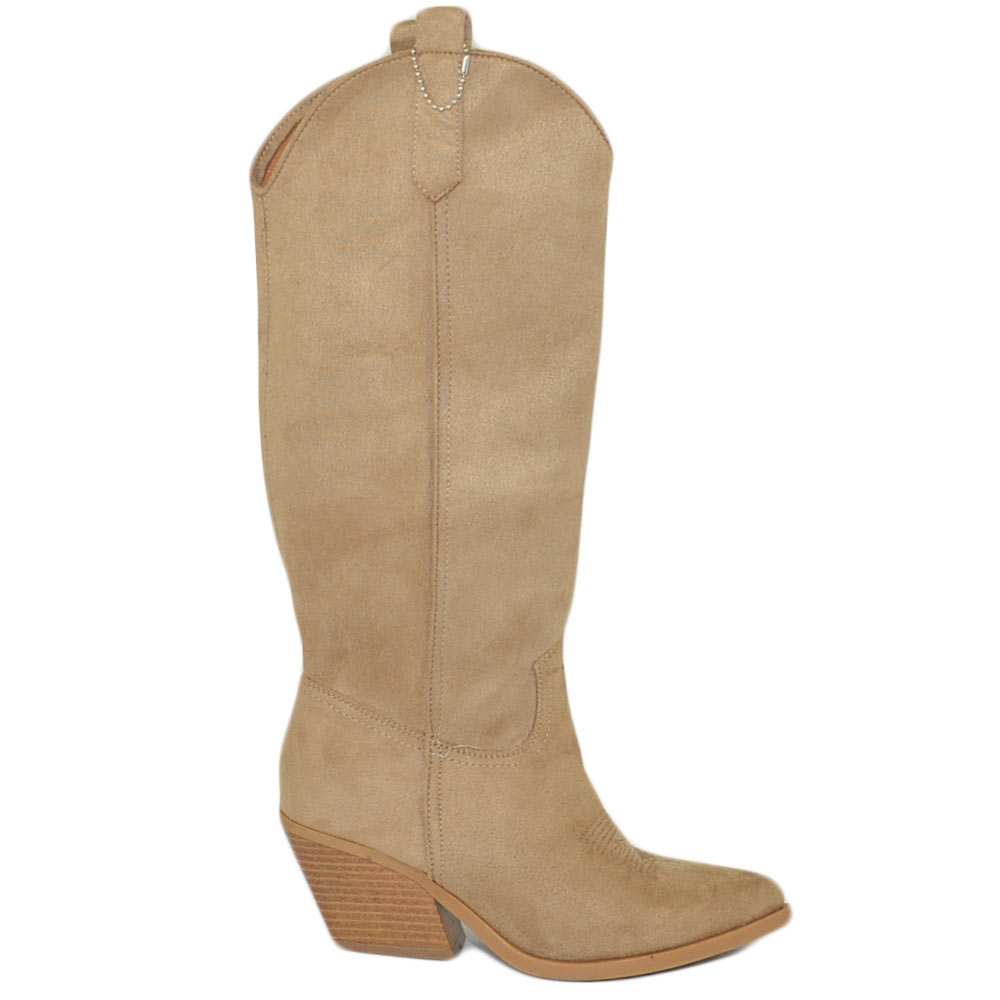 Stivali donna camperos texani tortora liscio scamosciato taupe zip tacco western comodo in gomma altezza ginocchio moda.