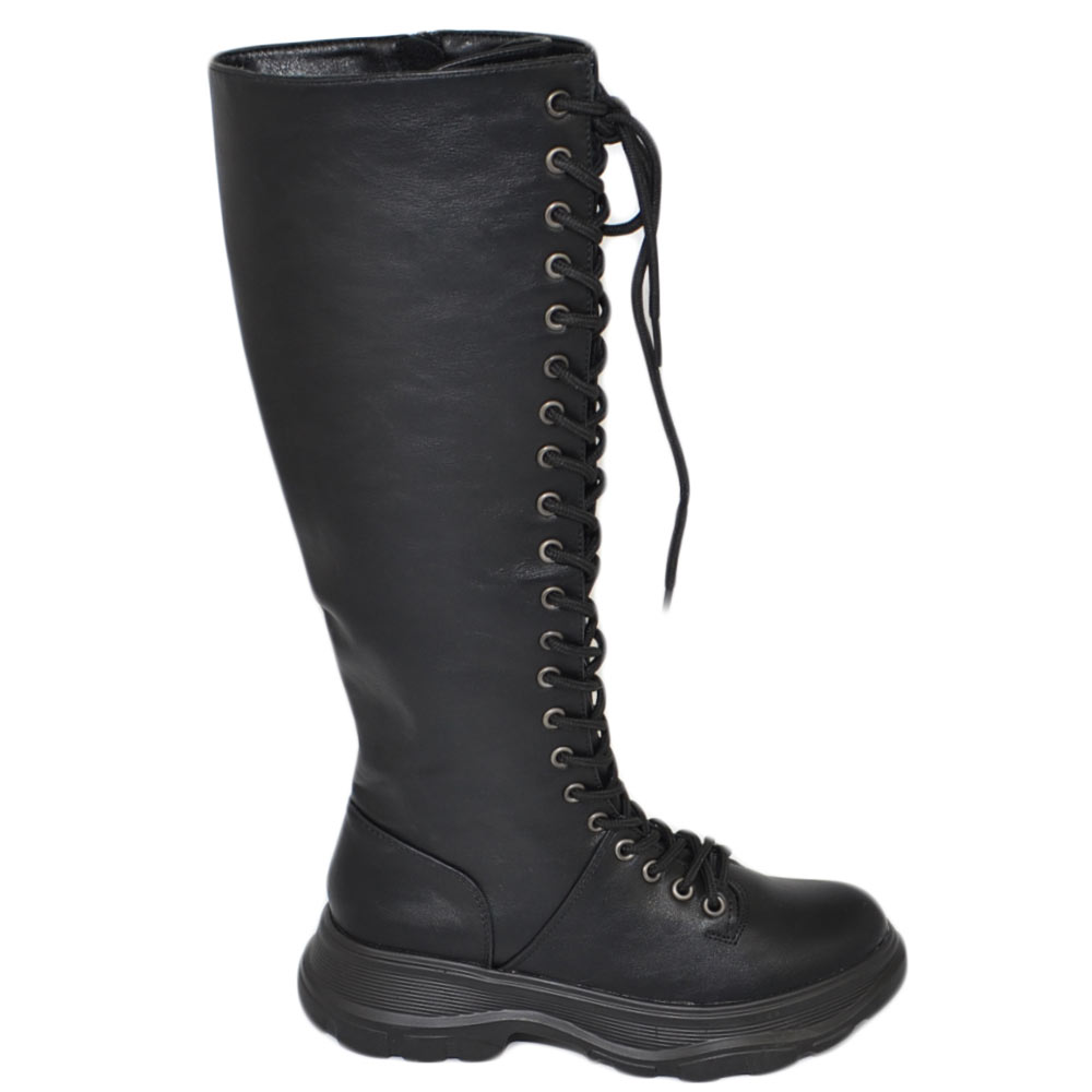 Stivali anfibi donna alto al ginocchio nero zip suola carrarmato comodo zeppa lacci moda aderente regolabile 