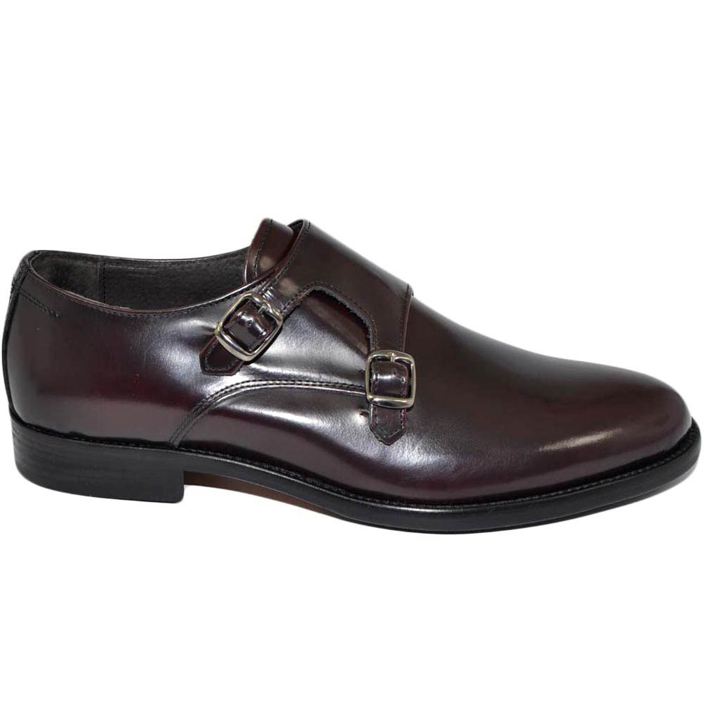 Scarpe uomo doppia fibbia eleganti in vera pelle abrasivata bordeaux suola vero cuoio con antiscivolo handmade in italy.