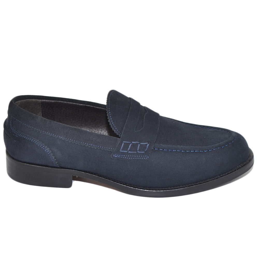 SCARPE MOCASSINI UOMO ART:COLB10 BLU DI CAMOSCIO CON BENDINA ARTIGIANALI MADE IN ITALY ELEGANTE 