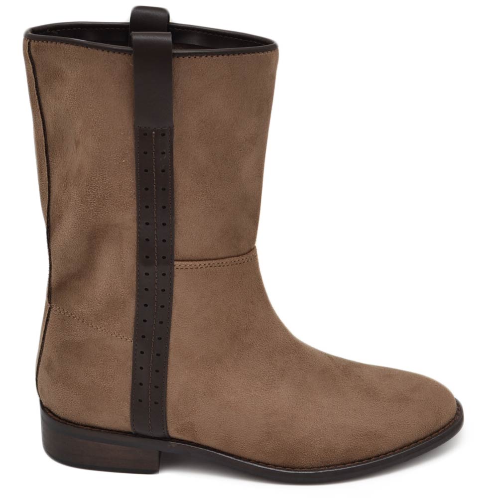 Stivaletto donna in nabuk scamosciato tappe morbido con striscia marrone gomma bassa antiscivolo moda al polpaccio biker