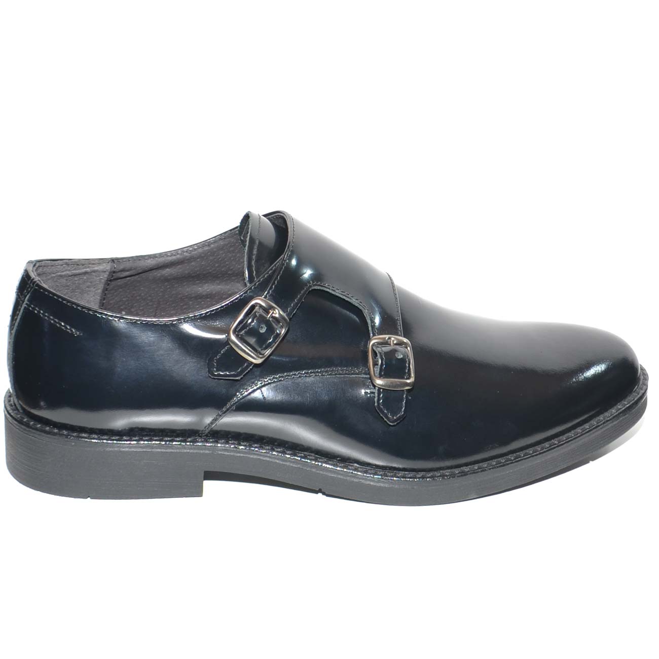 Scarpa uomo nera in vera pelle abrasivata con chiusura a doppia fibbia liscia fondo gomma classico sportvo antiscivolo 