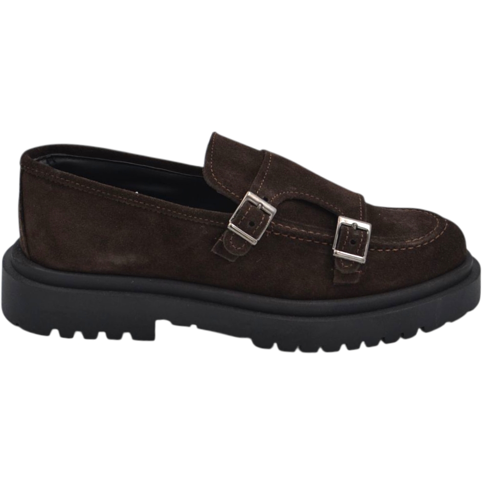 Scarpe uomo mocassino fibbia doppia marrone in vera pelle scamosciata business fondo gomma zigrinato alto 3 cm.