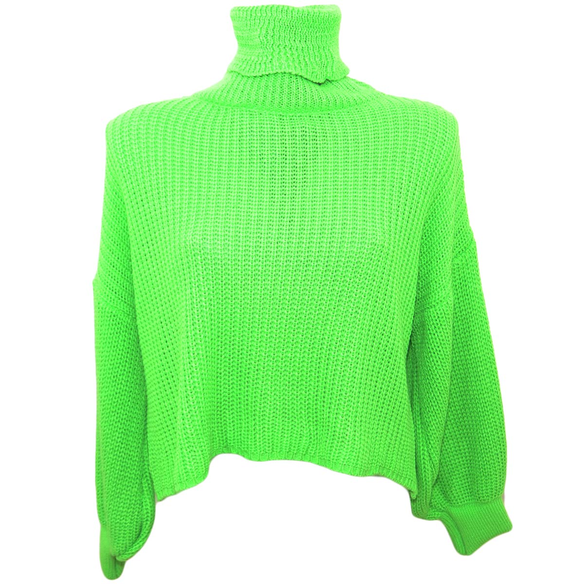 Maglioncino dolcevita midi donna verde fluo  a collo alto maniche a sbuffo tessitura larga colourfull moda tendenza 