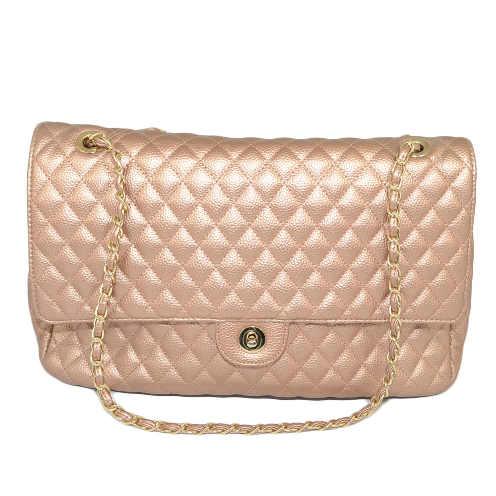 Borsa donna oro rosa rettangolare striata con scopartimenti chiusura clip e zip interna catena oro capiente moda glam.