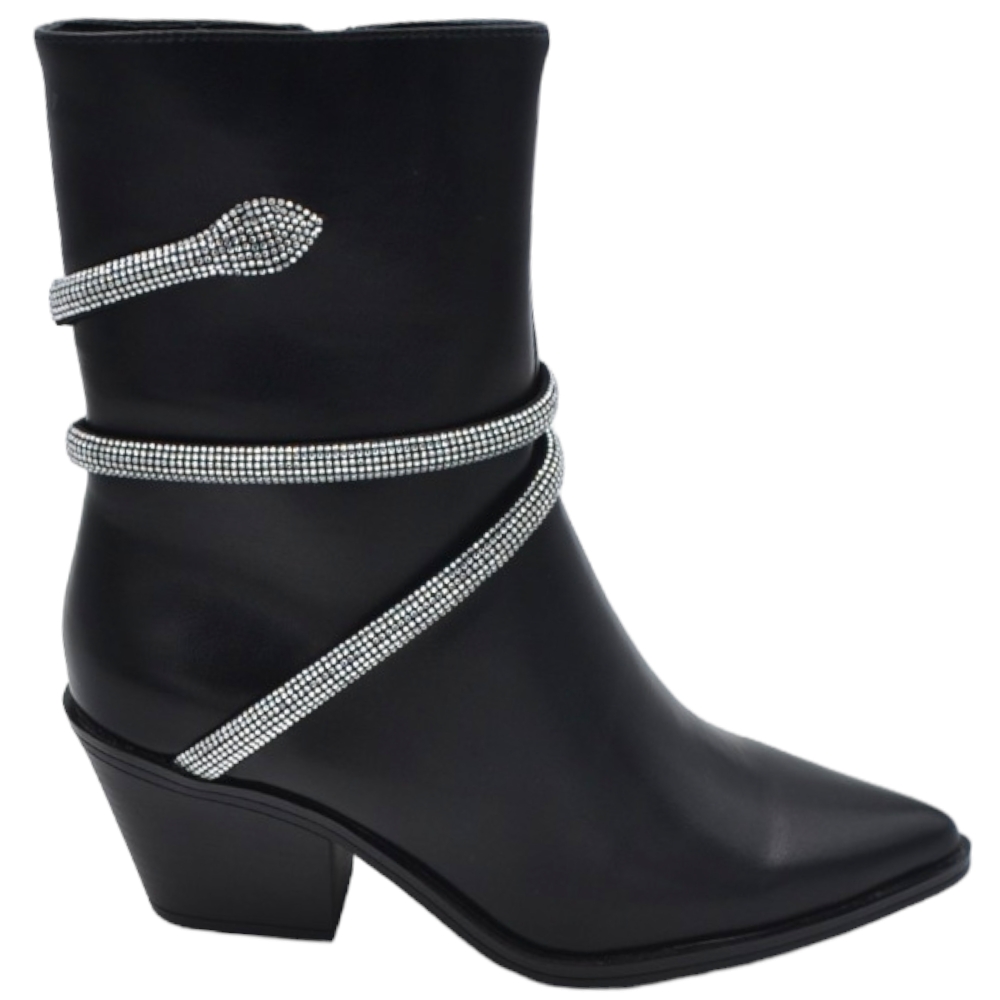 Stivaletti tronchetti donna a punta nero con tacco western 4 cm cordoncino di strass avvolgente alla caviglia moda.