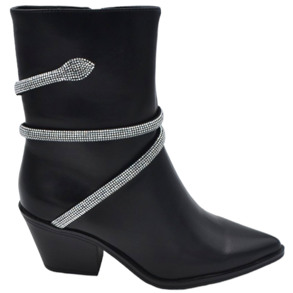 Stivaletti tronchetti donna a punta nero con tacco western 4 cm cordoncino di strass avvolgente alla caviglia moda