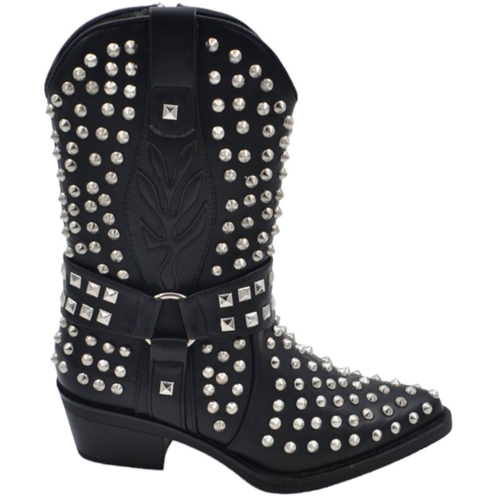 Stivaletti camperos texani donna in ecopelle nera con tacco western comodo 4cm borchie e fibbia argento al polpaccio zip.