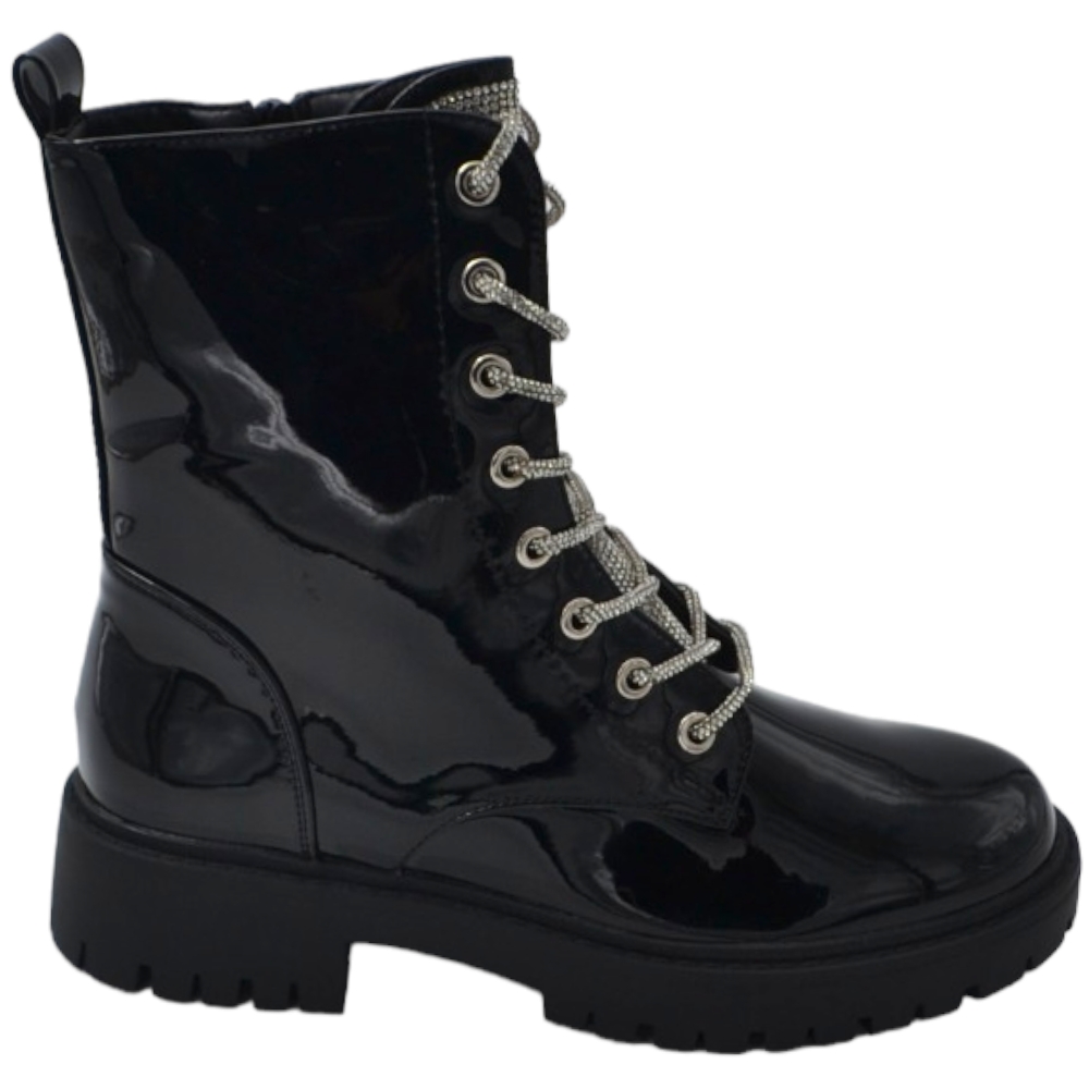 Stivaletto anfibio scarpa donna nero lucido con lacci e linguetta strass fondo alto in gomma zigrinata con zip moda 