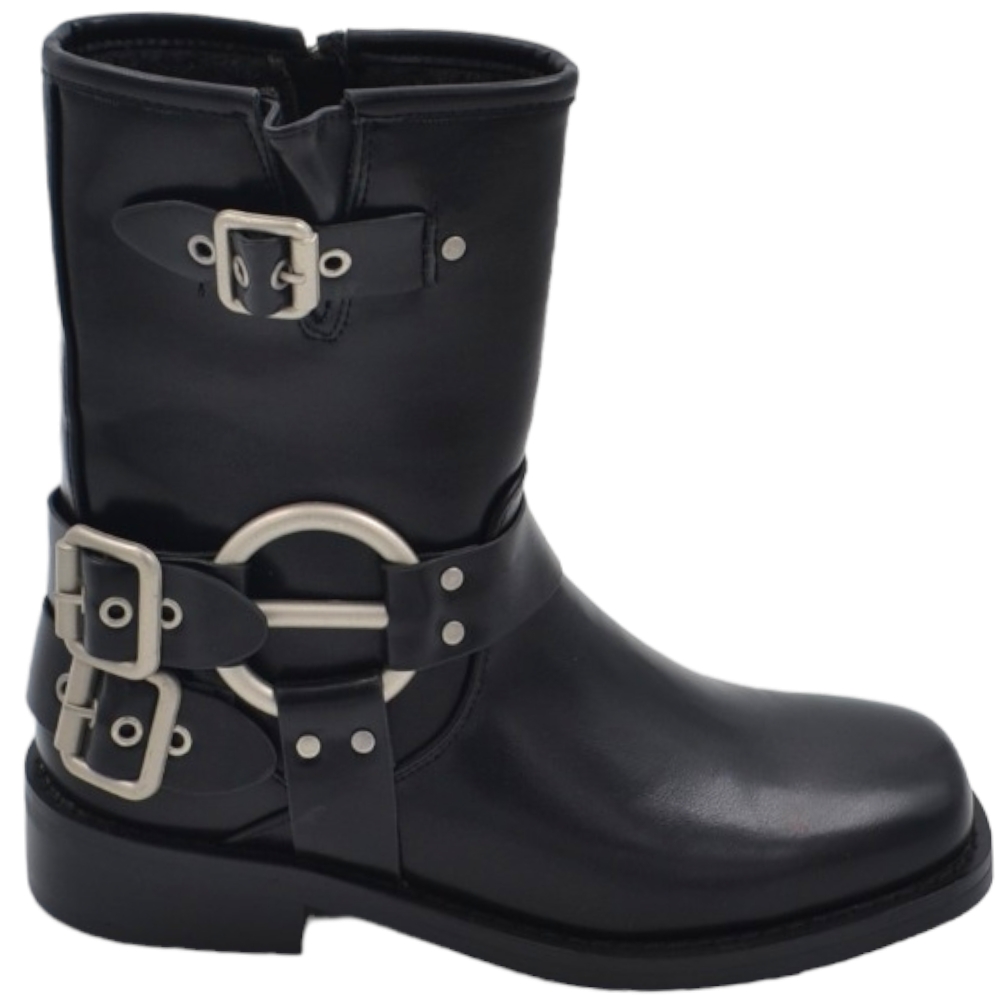 Stivaletto donna nero biker punta quadrata tacchetto 2 cm al polpaccio con fibbie e accessori argento zip moda 