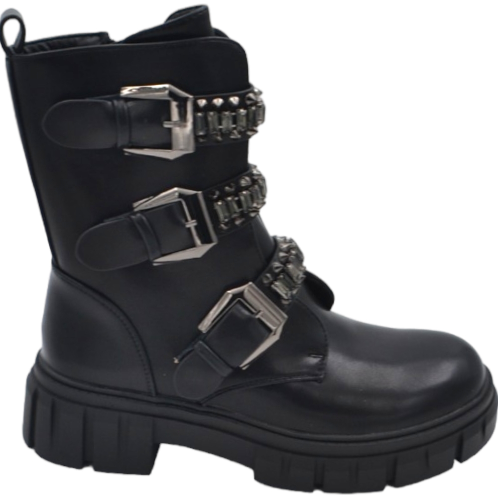 Stivaletto anfibio scarpa donna nero con cinturini fibbie e strass tono su tono fondo alto in gomma zigrinata zip moda