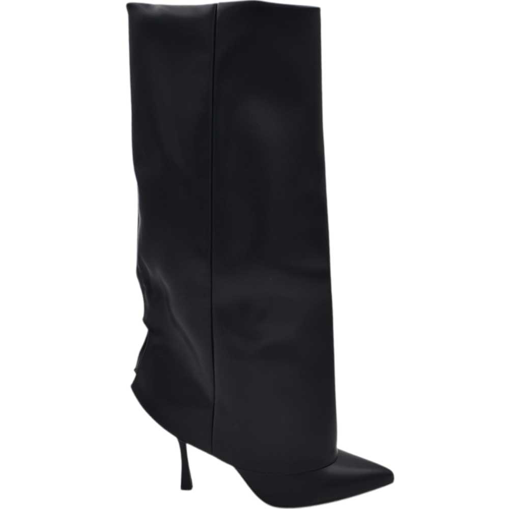 Stivali donna al ginocchio shark a punta in pelle nero con risvolto scollo retro tacco a spillo10 zip interna nascosta.