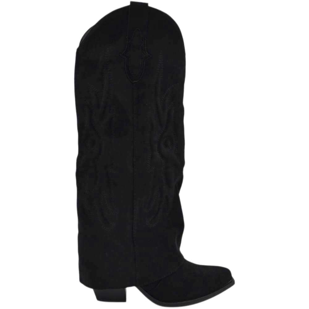 Stivali camperos donna camoscio nero a punta al ginocchio con para risvolto modello shark tacco cono 6 cm  moda.