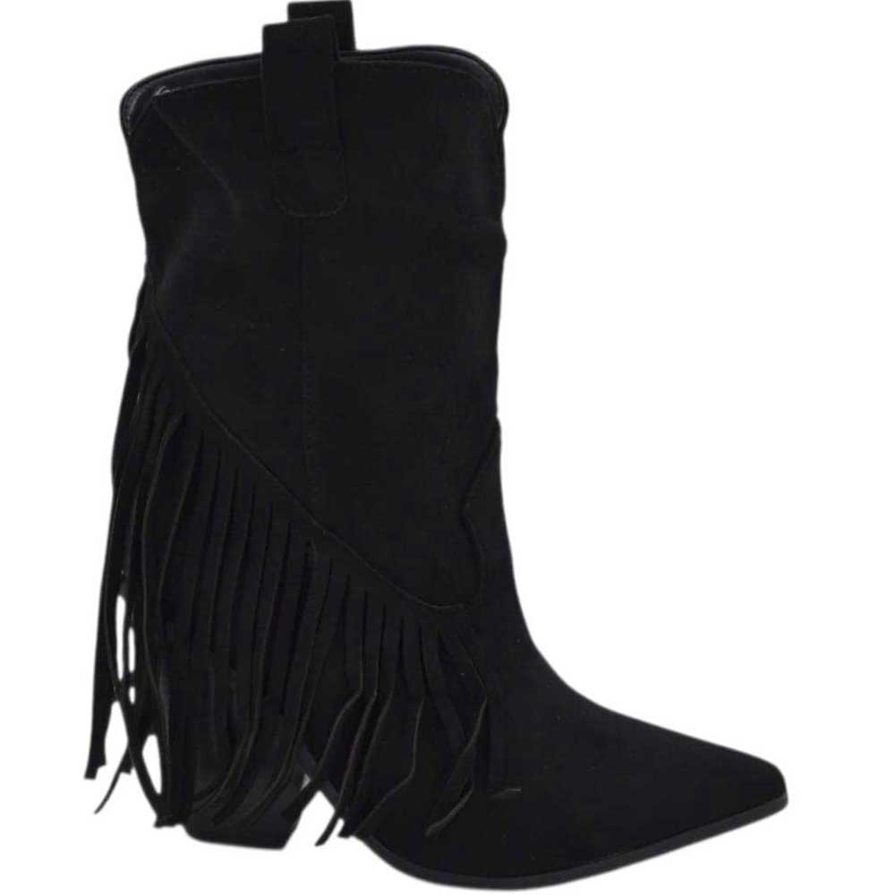 Tronchetto camperos donna in camoscio nero al polpaccio con frange punta tacco western 7 cm moda zip linea basic.