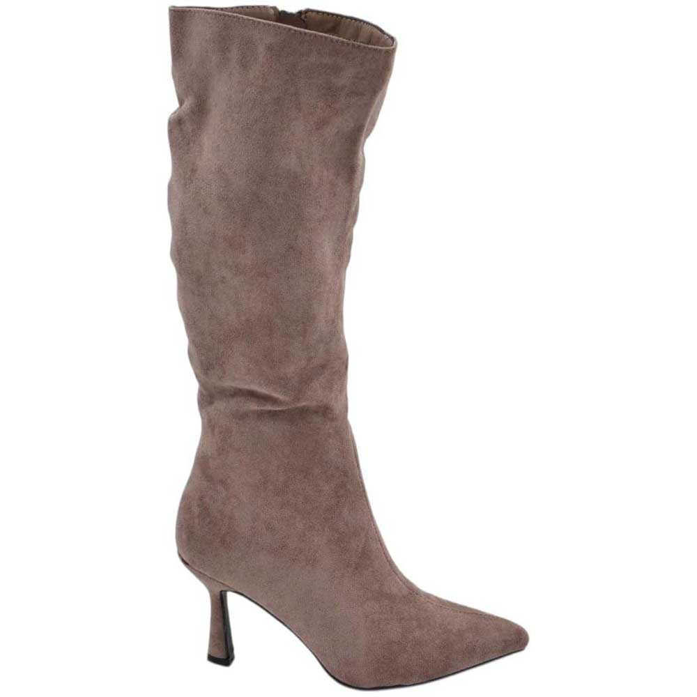 Stivali alti donna al ginocchio in camoscio beige a punta tacco a clessidra 8 cm zip lunga aderente moda linea Basic