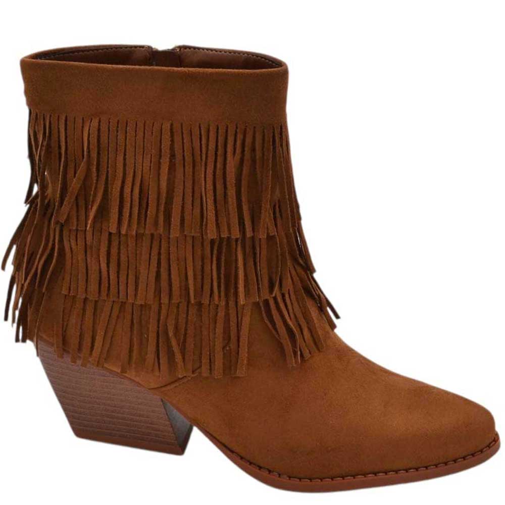 Tronchetto camperos donna in camoscio cuoio con frange punta tacco western 5 cm moda zip linea basic.