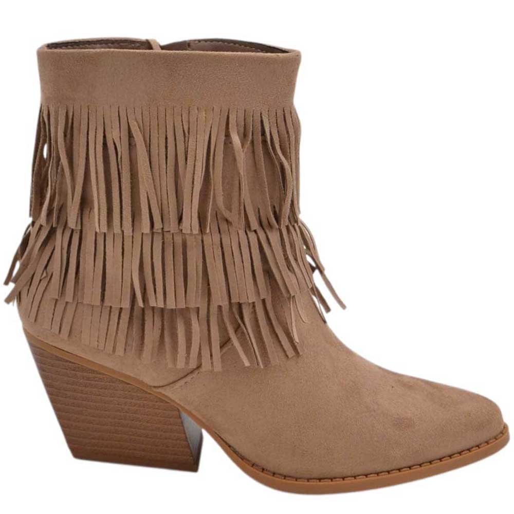 Tronchetto camperos donna in camoscio beige con frange punta tacco western 5 cm moda zip linea basic.