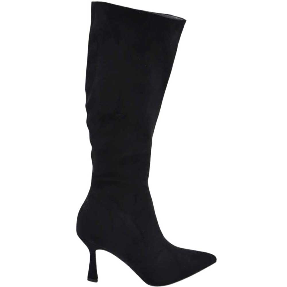 Stivali alti donna al ginocchio in camoscio nero a punta tacco a clessidra 8 cm zip lunga aderente moda linea Basic.