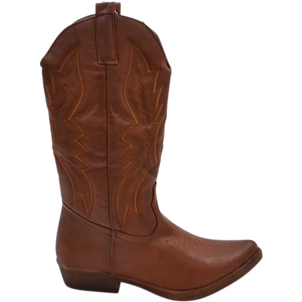 Stivali donna camperos texani stile western cuoio con fantasia laser su pelle tinta unita altezza polpaccio.