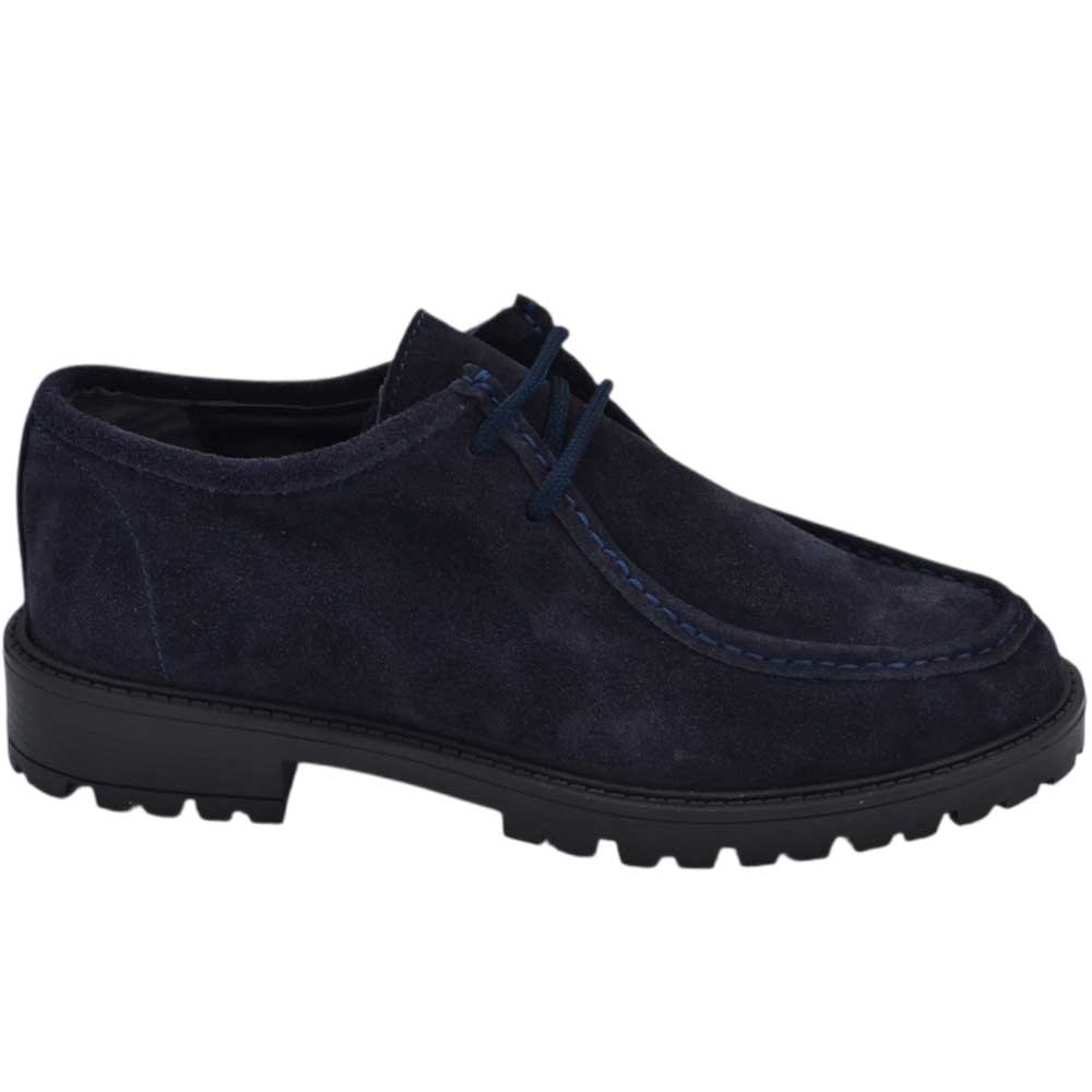 Scarpe uomo stringate ingegniere vera pelle camoscio blu spazzolato suola alta zigrinata made in italy