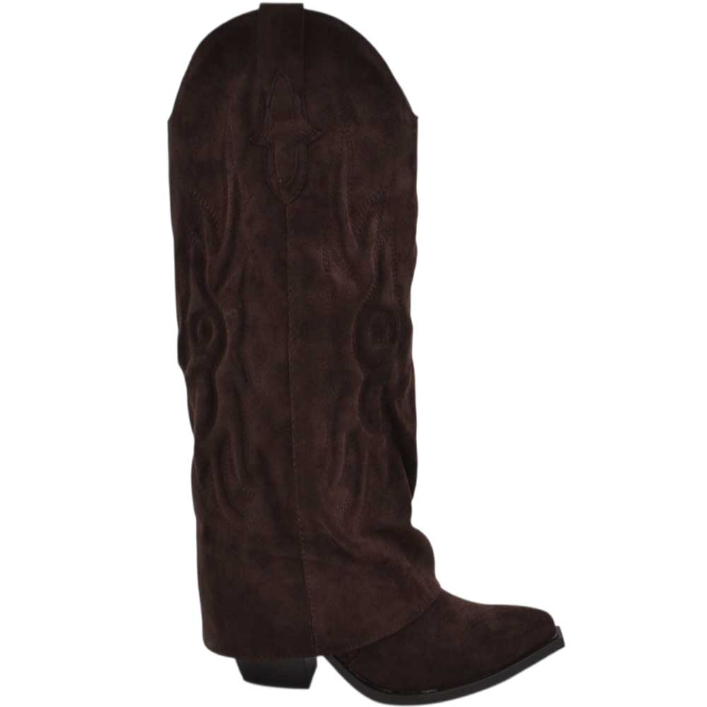 Stivali donna al ginocchio shark a punta in camoscio marrone risvolto scollo a V tacco western 5 cm zip interna.