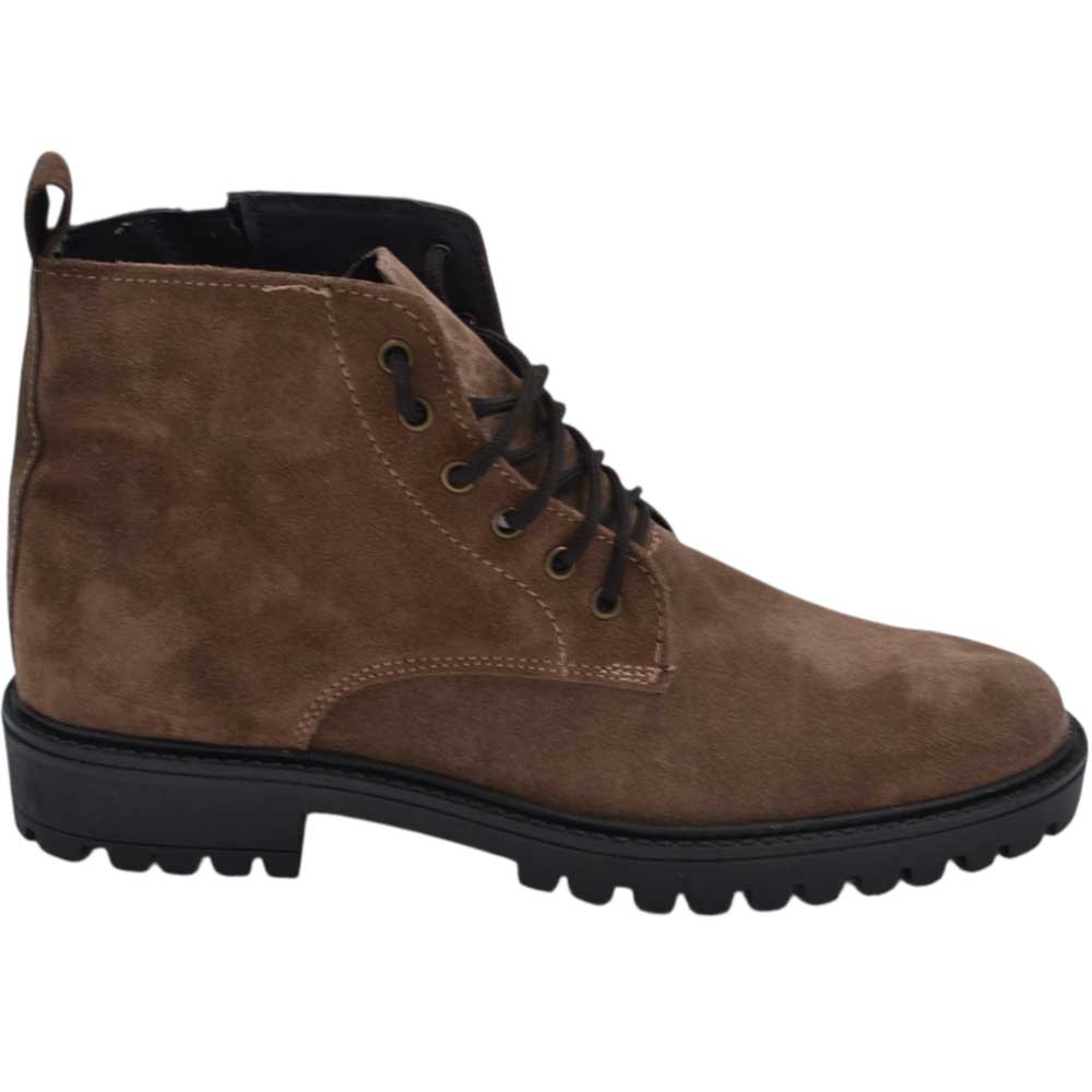 Scarpe stivale uomo anfibio lacci vera pelle camoscio beige suola gomma zigrinata 2,5 cm zip comfort basic made in italy.