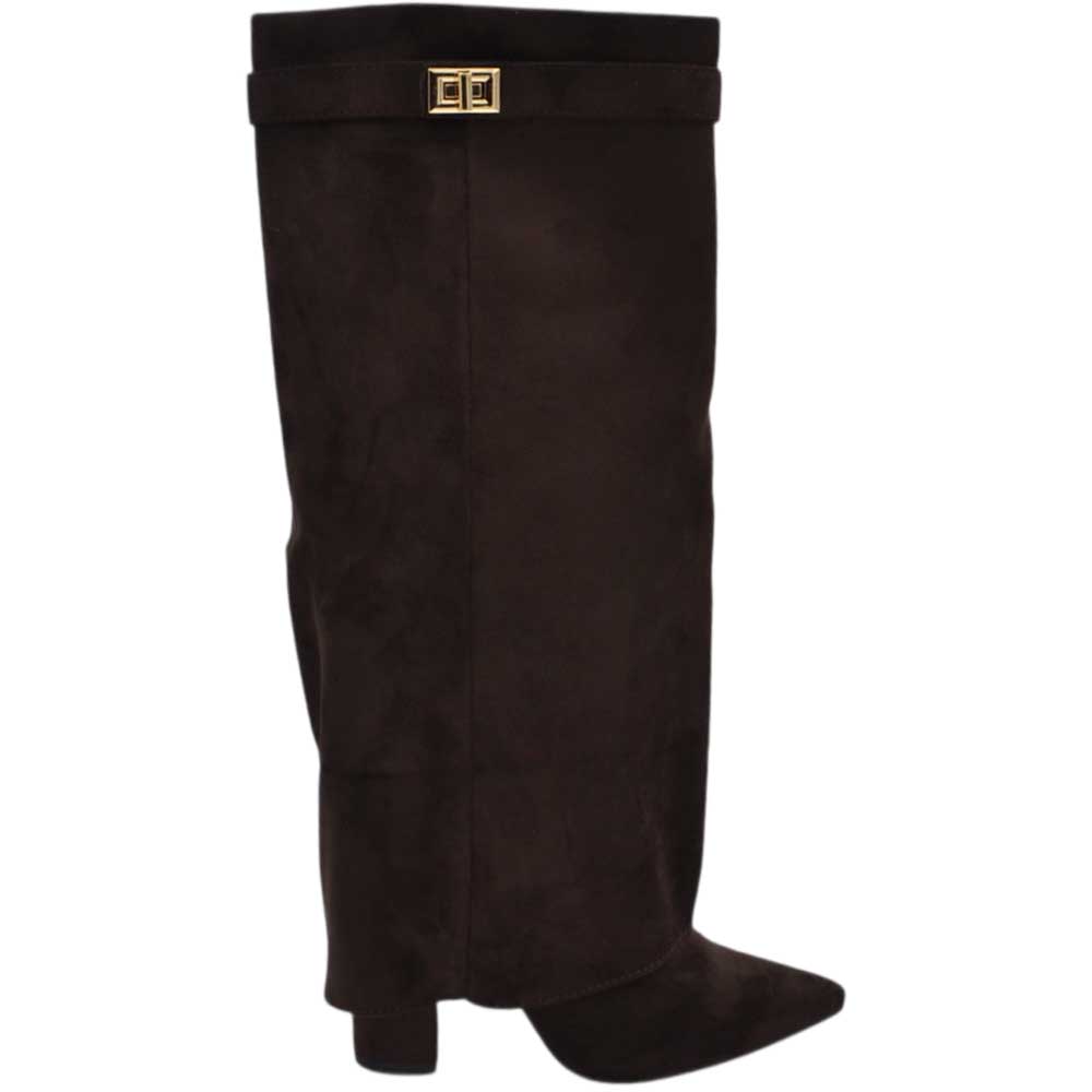 Stivali donna al ginocchio shark a punta in camoscio marrone risvolto gancio oro tacco largo 10 zip interna nascosta.