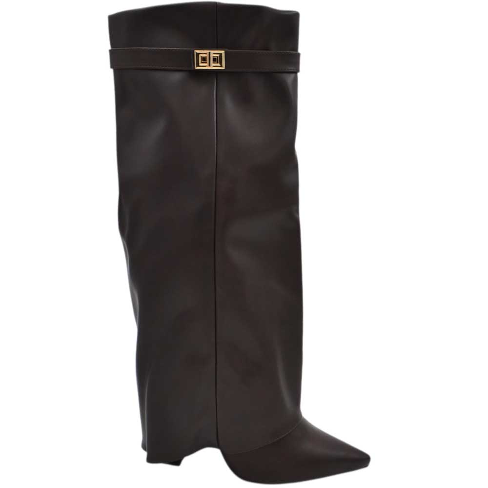 Stivali donna al ginocchio shark a punta in pelle marrone con risvolto gancio oro tacco largo 10 zip interna nascosta