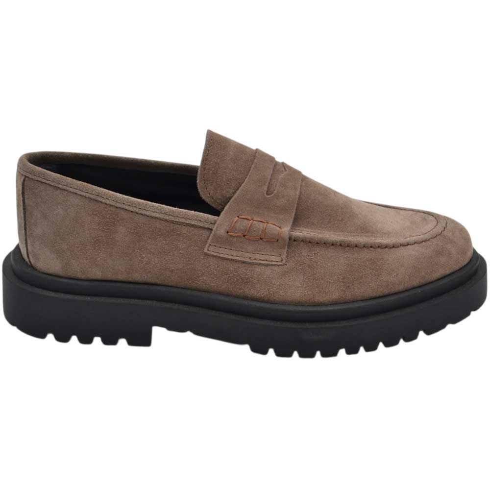 Scarpe uomo mocassino con bendina beige in vera pelle scamosciata business fondo gomma zigrinato alto