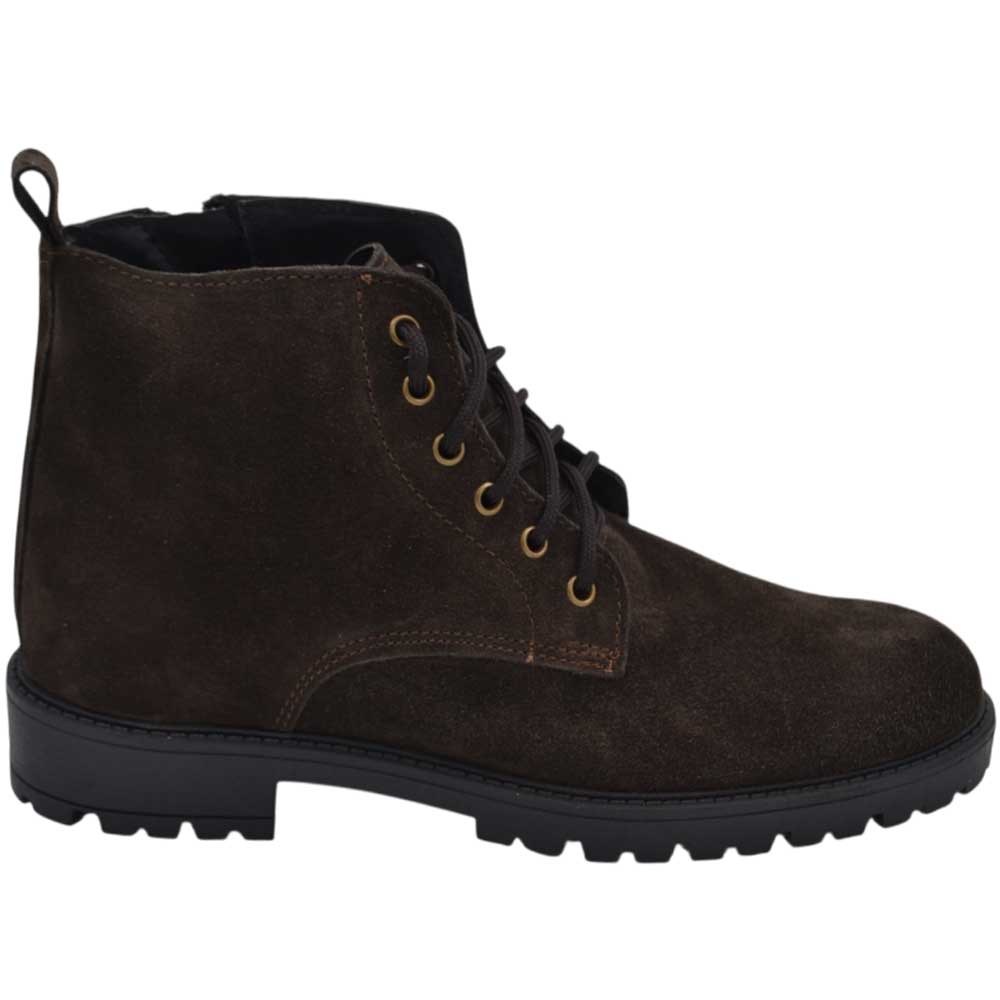 Scarpe stivale uomo anfibio lacci vera pelle camoscio marrone suola gomma zigrinata 2,5 cm zip basic made in italy.