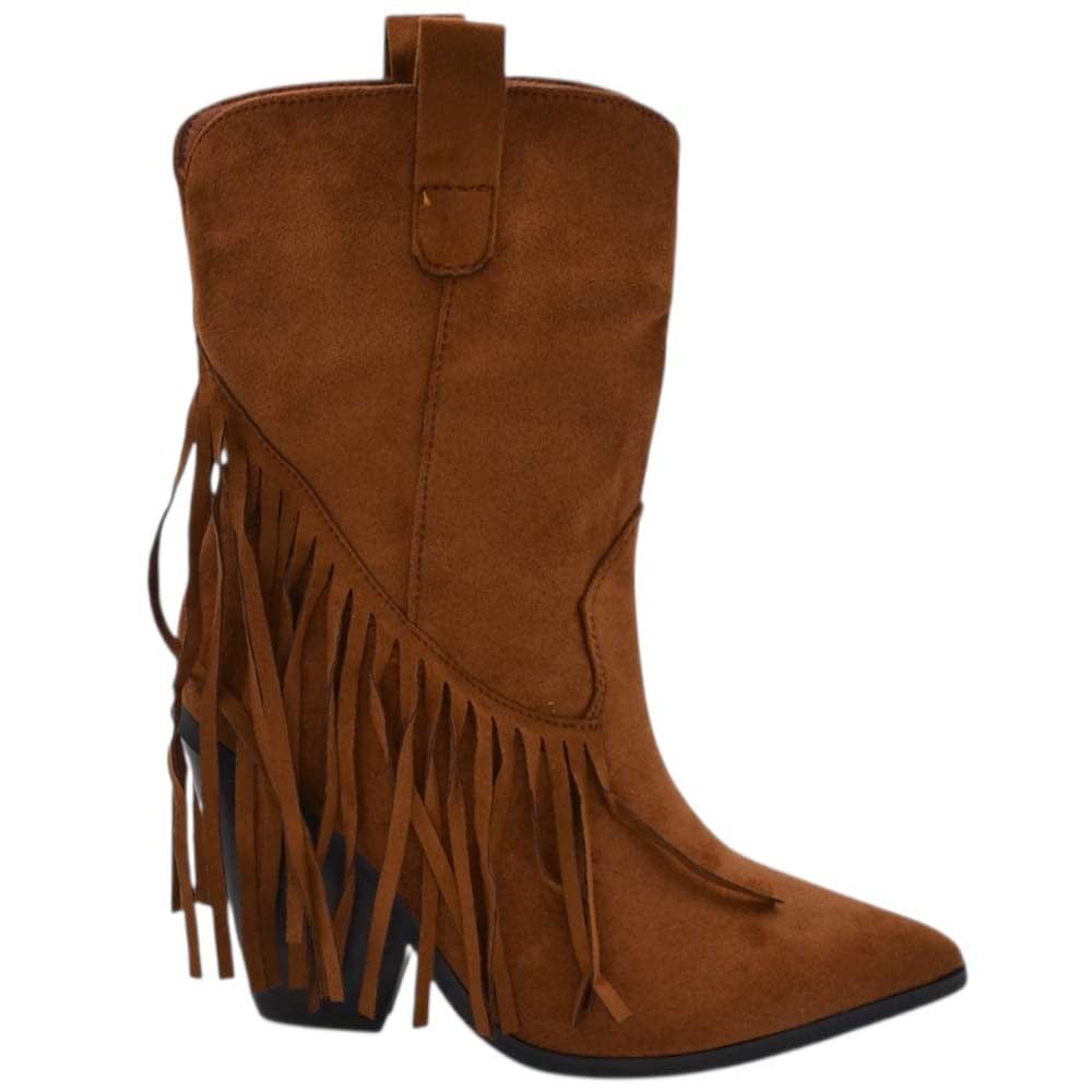 Tronchetto camperos donna in camoscio cuoio al polpaccio con frange punta tacco western 7 cm moda zip linea basic.