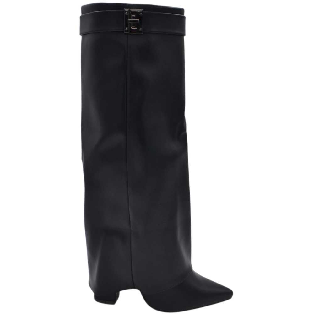 Stivali donna al ginocchio shark a punta in pelle nero con risvolto gancio argento tacco largo 10 zip interna nascosta.