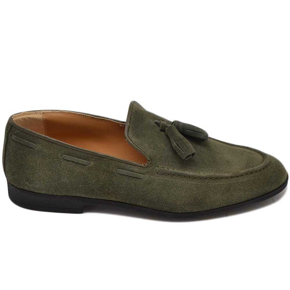 Scarpe uomo mocassino Nappine bon bon camoscio verde bosco derby in vera pelle fondo gomma con cuciture elegante