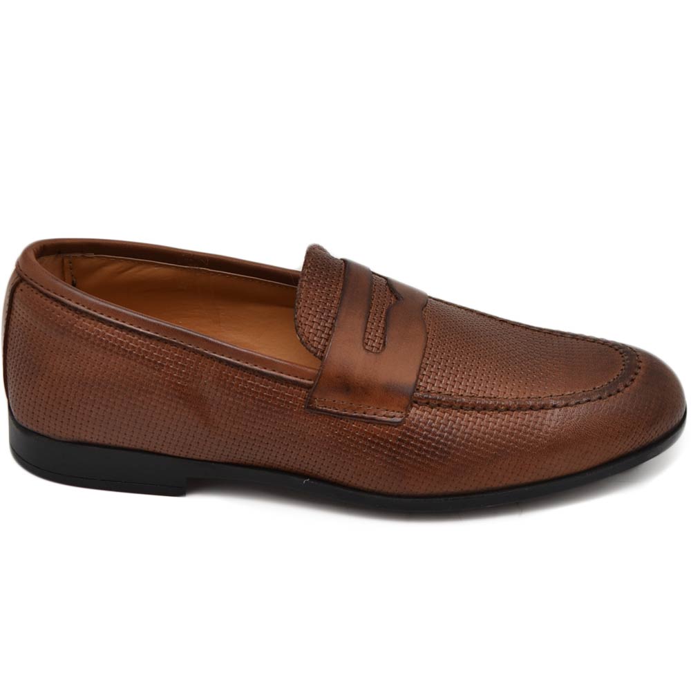 Scarpe uomo mocassino in vera pelle nappa intrecciata cuoio bendina suola in gomma pantofola elegante