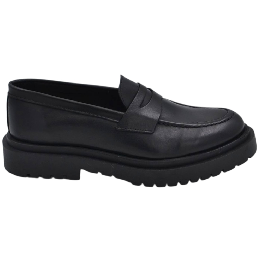 Scarpe uomo mocassino college penny bendina nero in vera pelle spazzolata business fondo gomma zigrinato alto