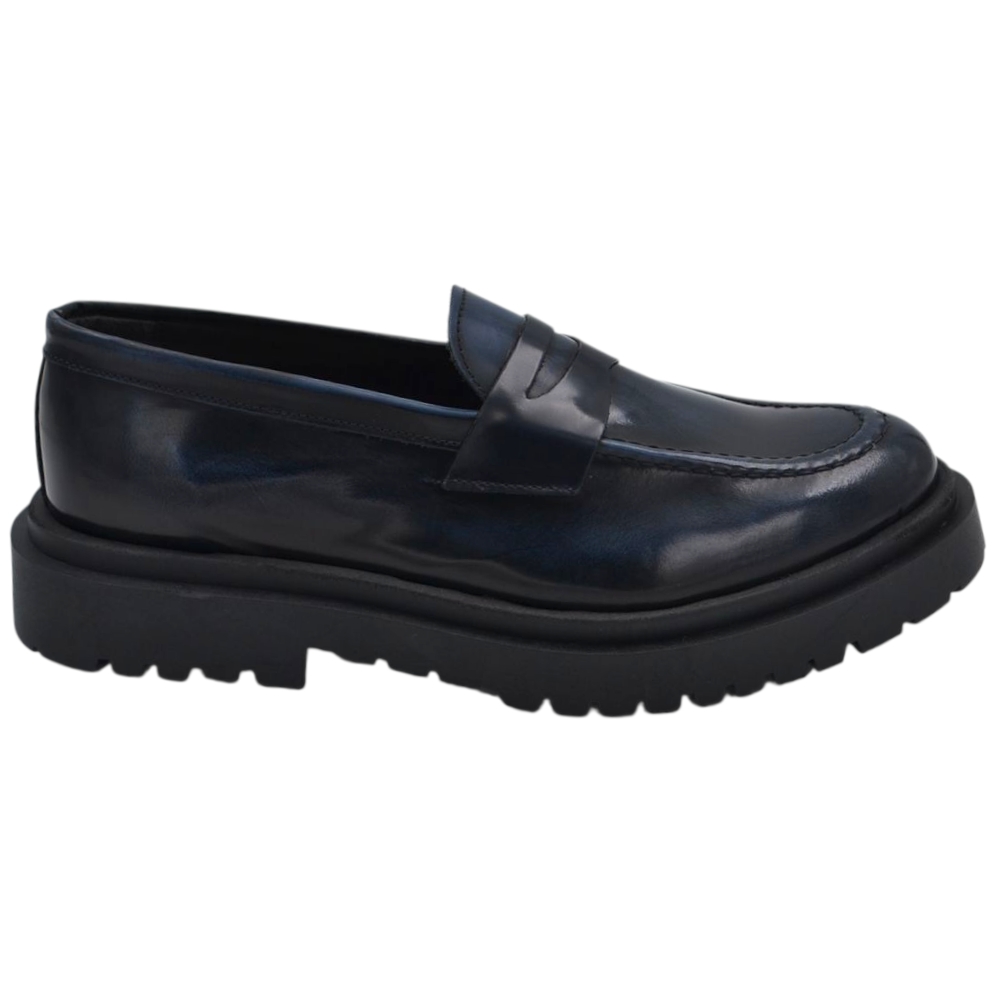Scarpe uomo mocassino con bendina blu in vera pelle abrasivata business fondo gomma zigrinato alto