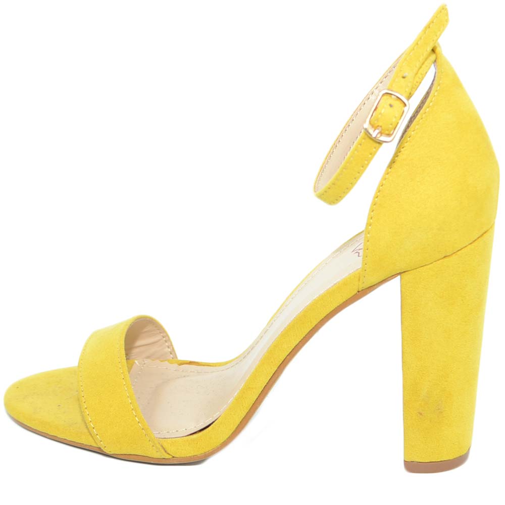 Sandalo donna giallo intenso scamosciato tacco largo alto 10 cm cinturino alla caviglia linea basic moda comodo