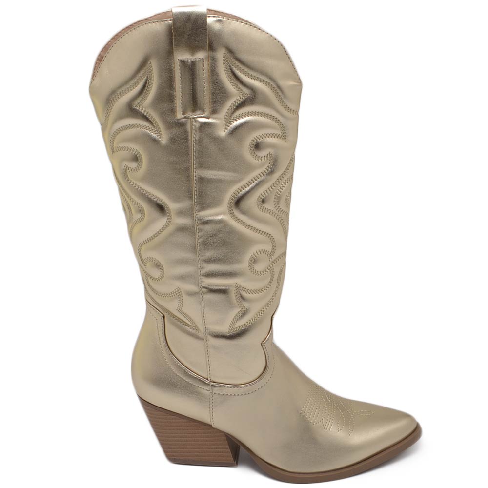 Stivali donna camperos texani stile western dettagli laser oro perlato tacco western 7 cm con zip laterale